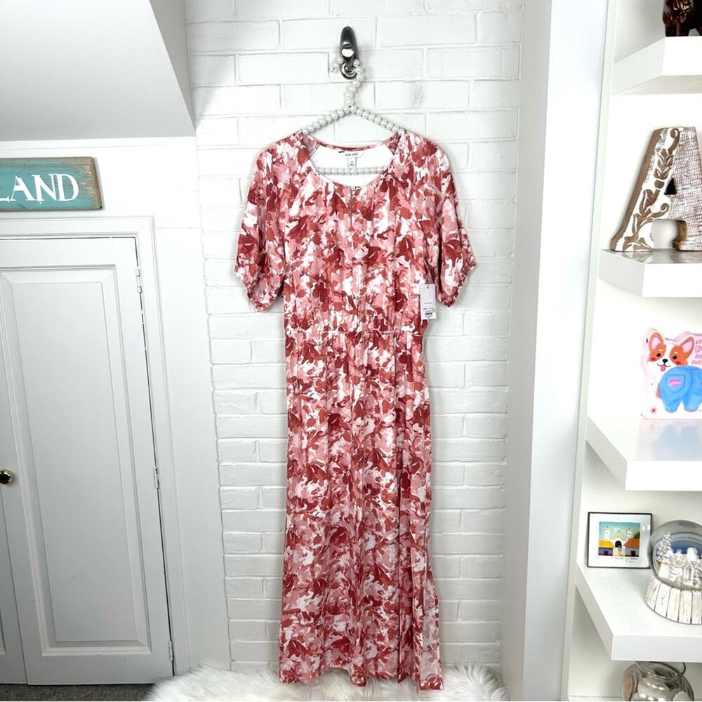 NWT Nine West Puff Sleeve Chiffon Maxi Midi Dress In Pink Abstract Floral M